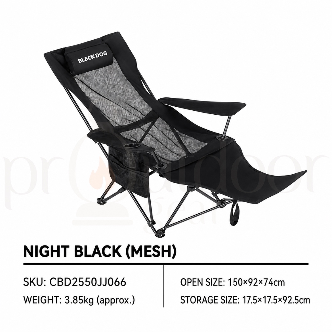 BLACKDOG CBD2300JJ021 CBD2550JJ066 MAN XIANG Mesh Folding Reclining Camping Chair Adjustable Footrest High Back

