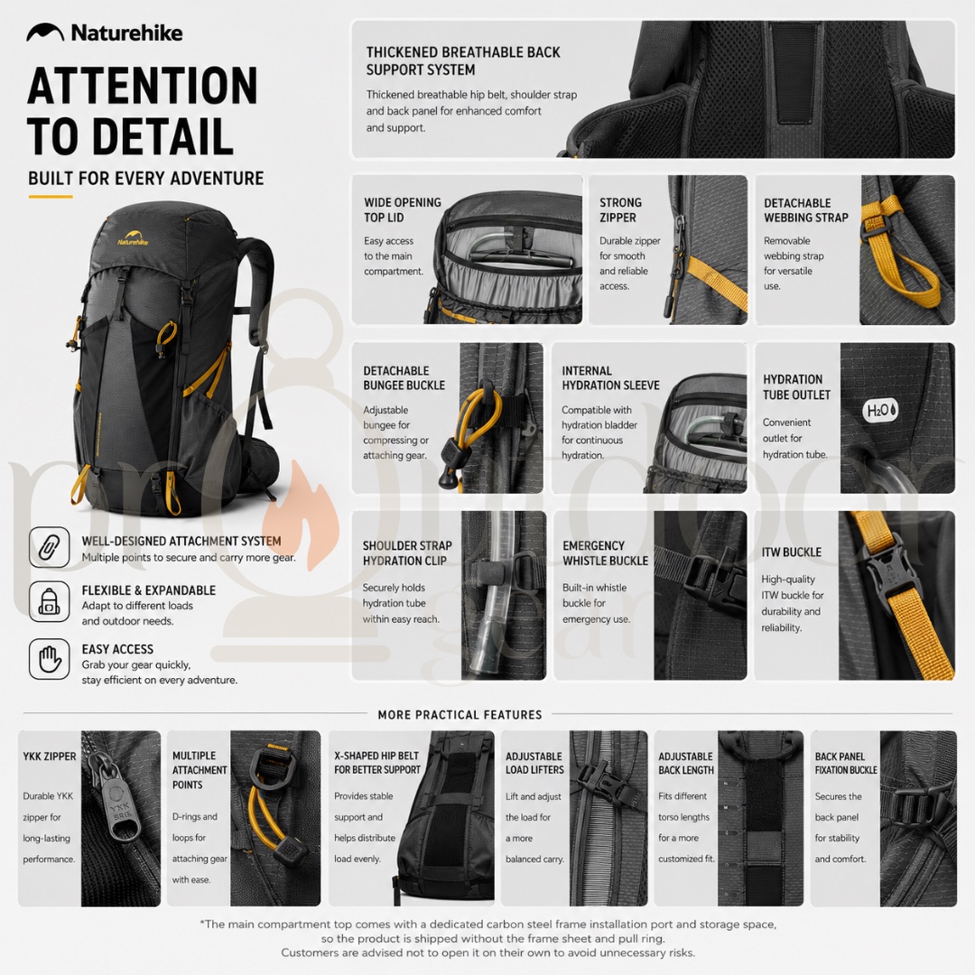 NATUREHIKE CNK2550XB018 Rock Series Hiking Backpack 2.0 60L Lightweight Trekking Backpack Outdoor Camping Travel Bag