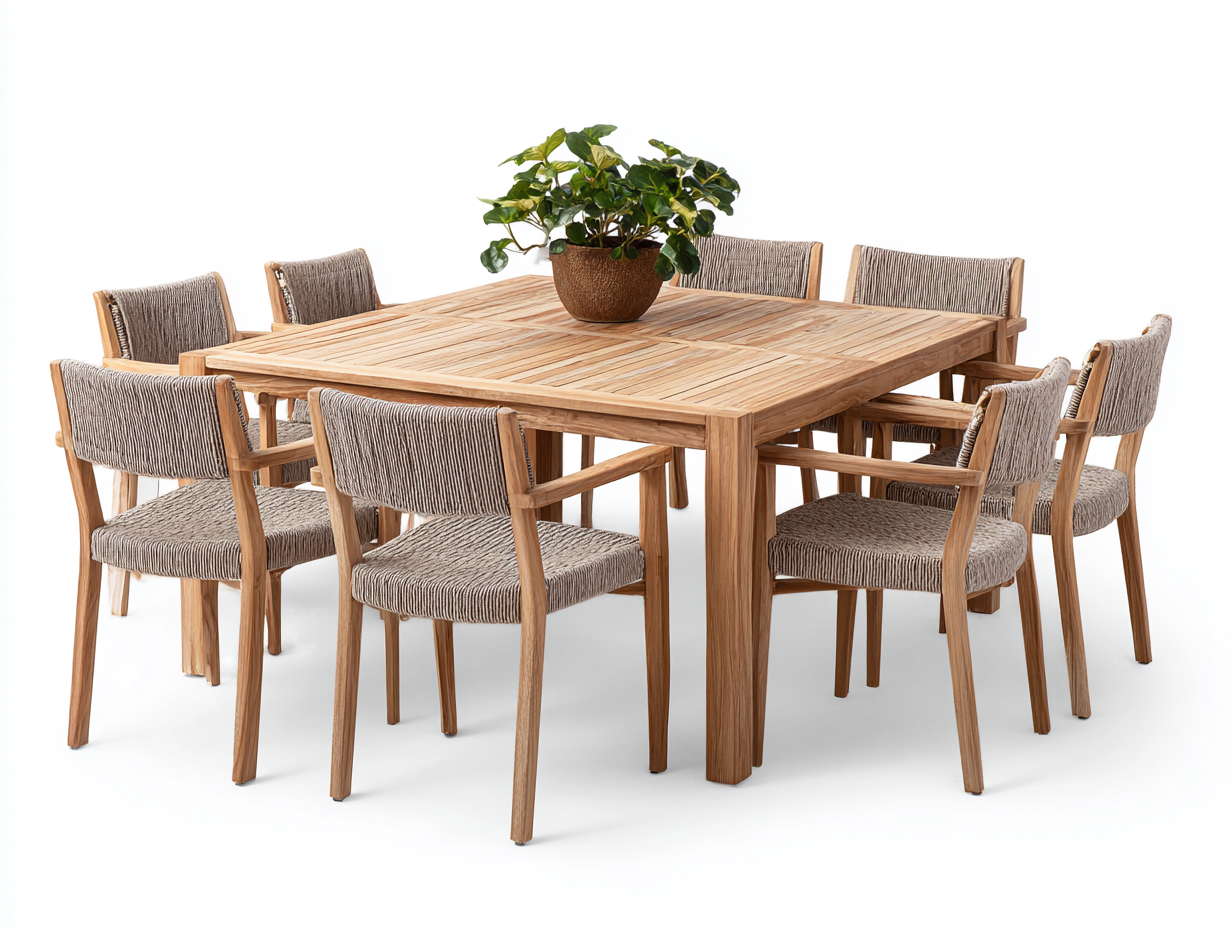 Outdoor Dining Set solid wood table with woven chairs 200x100x75 cm - natural wood-grey - garden dining-Sofauphub