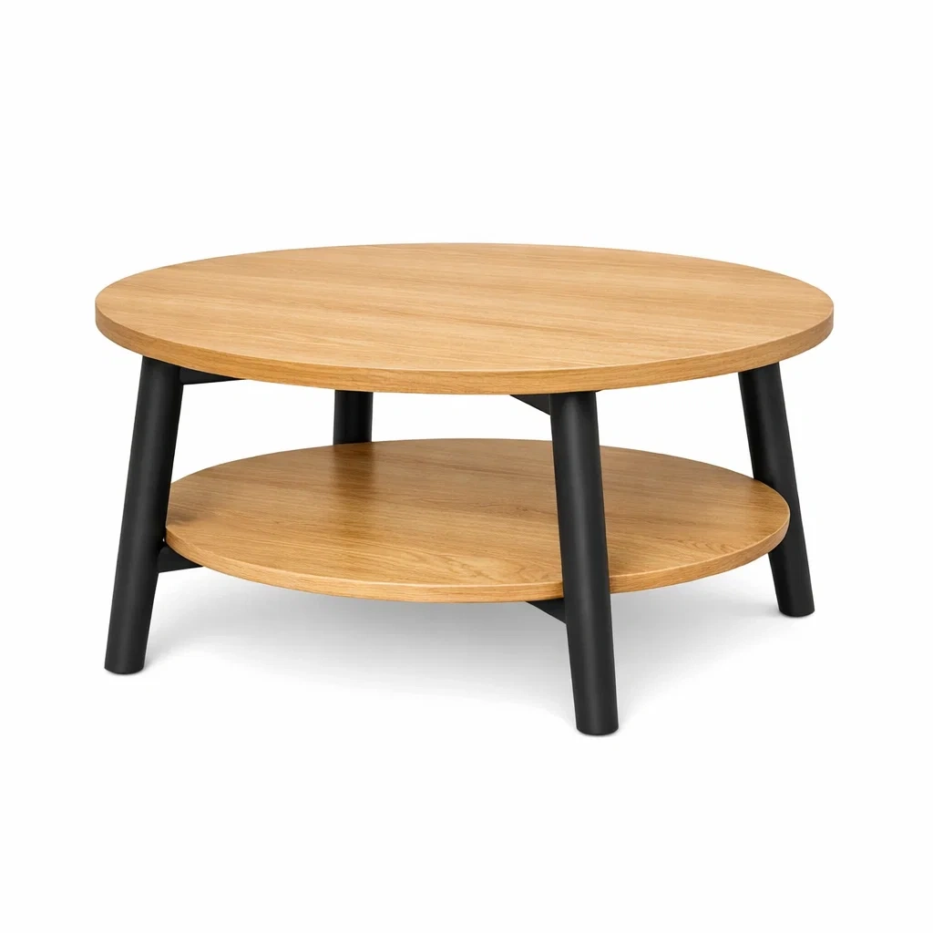 Round Coffee Table with Shelf C Natural Wood-pinepylon