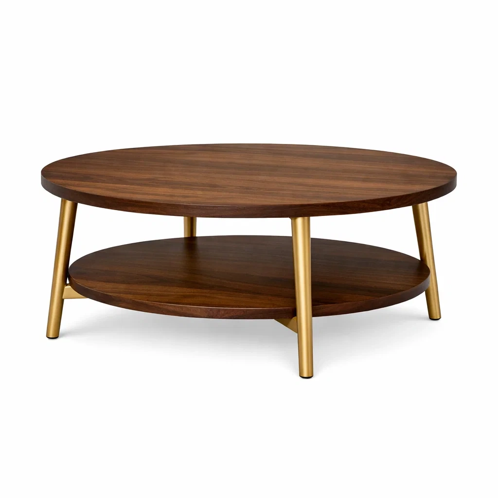 Round Coffee Table with Shelf C Dark Walnut-pinepylon