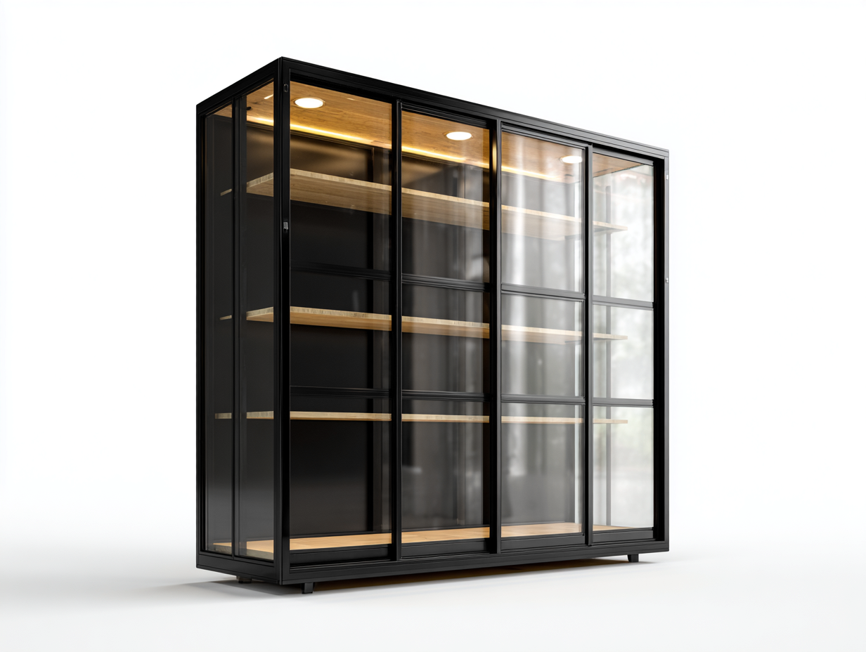Display Cabinet glass sliding door display cabinet 160x45x200 cm - black - modern illuminated storage design-Sofagoio