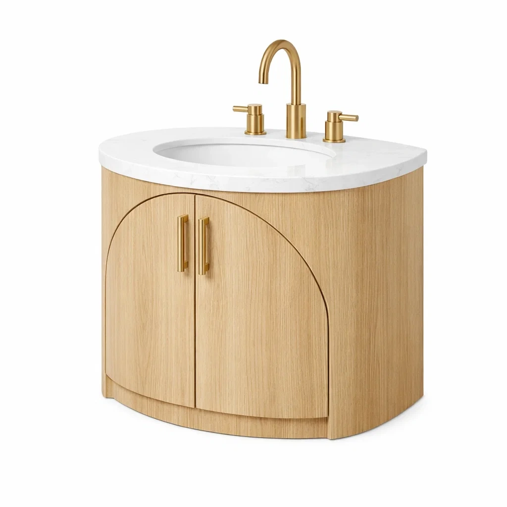 Rounded Wood Bathroom Vanity with White Basin-roommeld