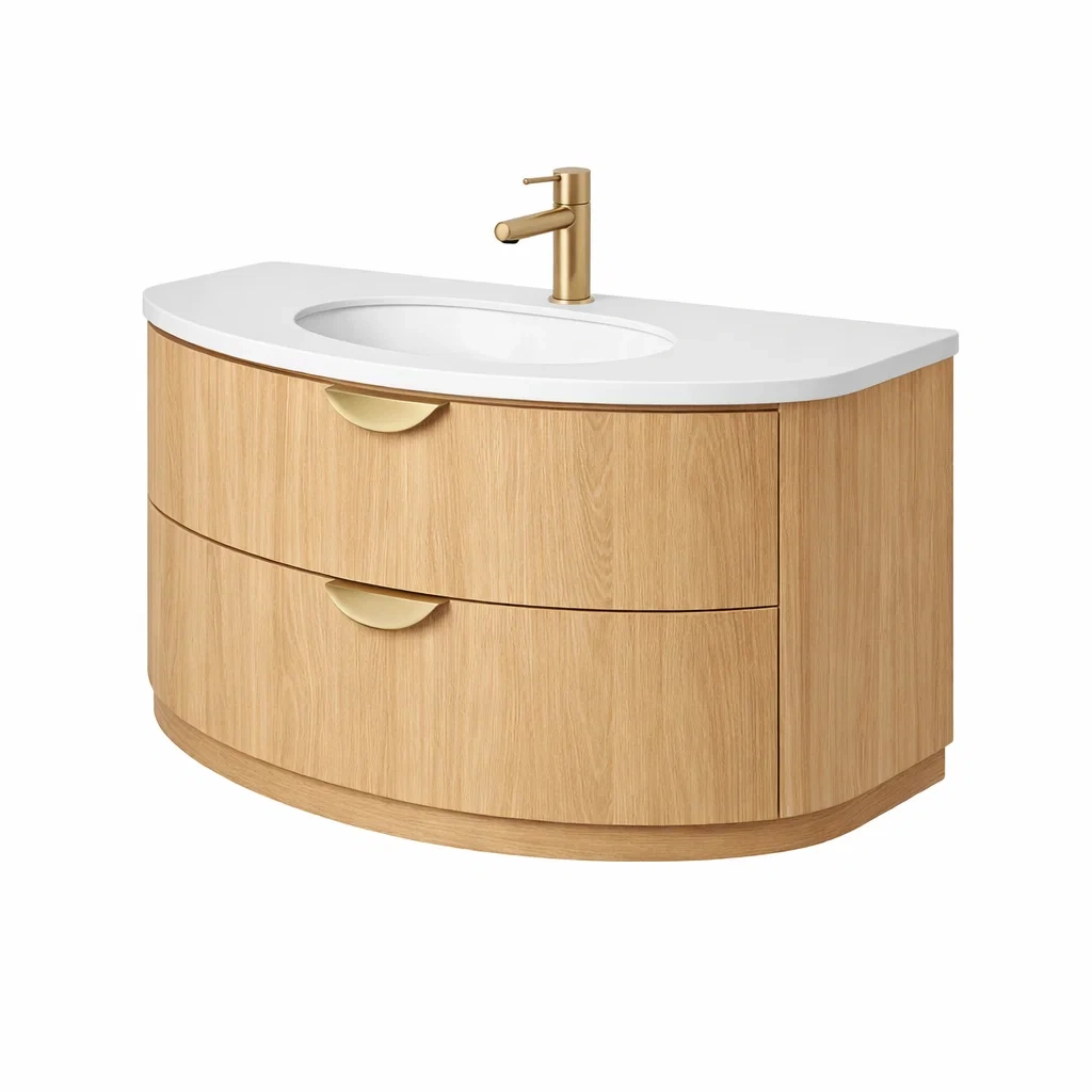 Light Wood Curved Bathroom Vanity with Drawers-roommeld