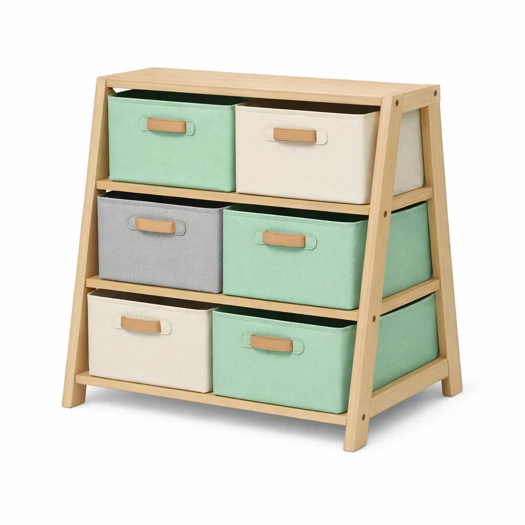 Kids Wooden Storage Shelf with Fabric Bins-roommeld