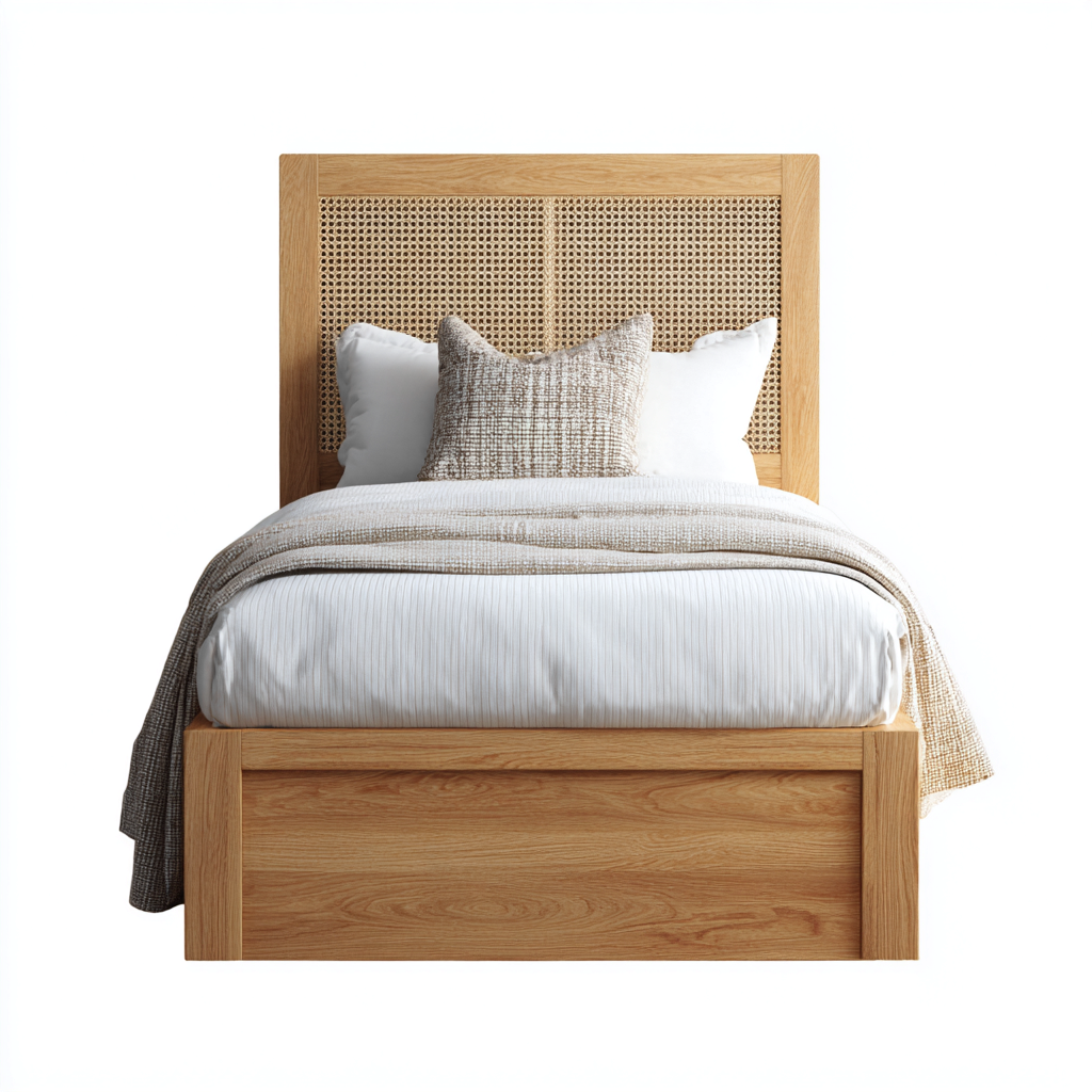 Single Beds Solid Wood Rattan Headboard 200x100x110 cm - Natural Wood - Modern Bedroom Design-Nestupbay
