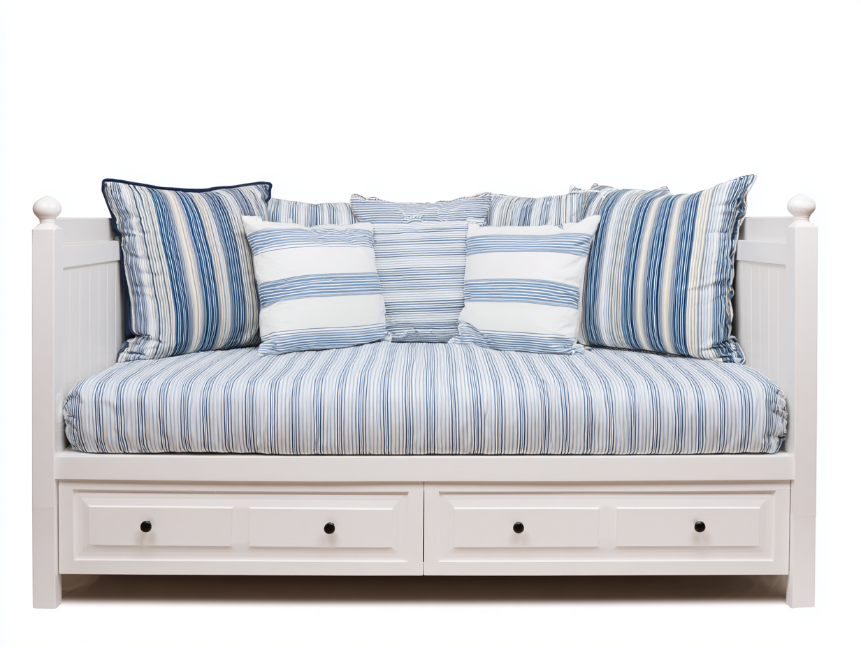 Sofa Bed wooden frame with integrated storage drawers 198x96x84 cm - white finish with blue striped upholstery - classic daybed design-Havengetden