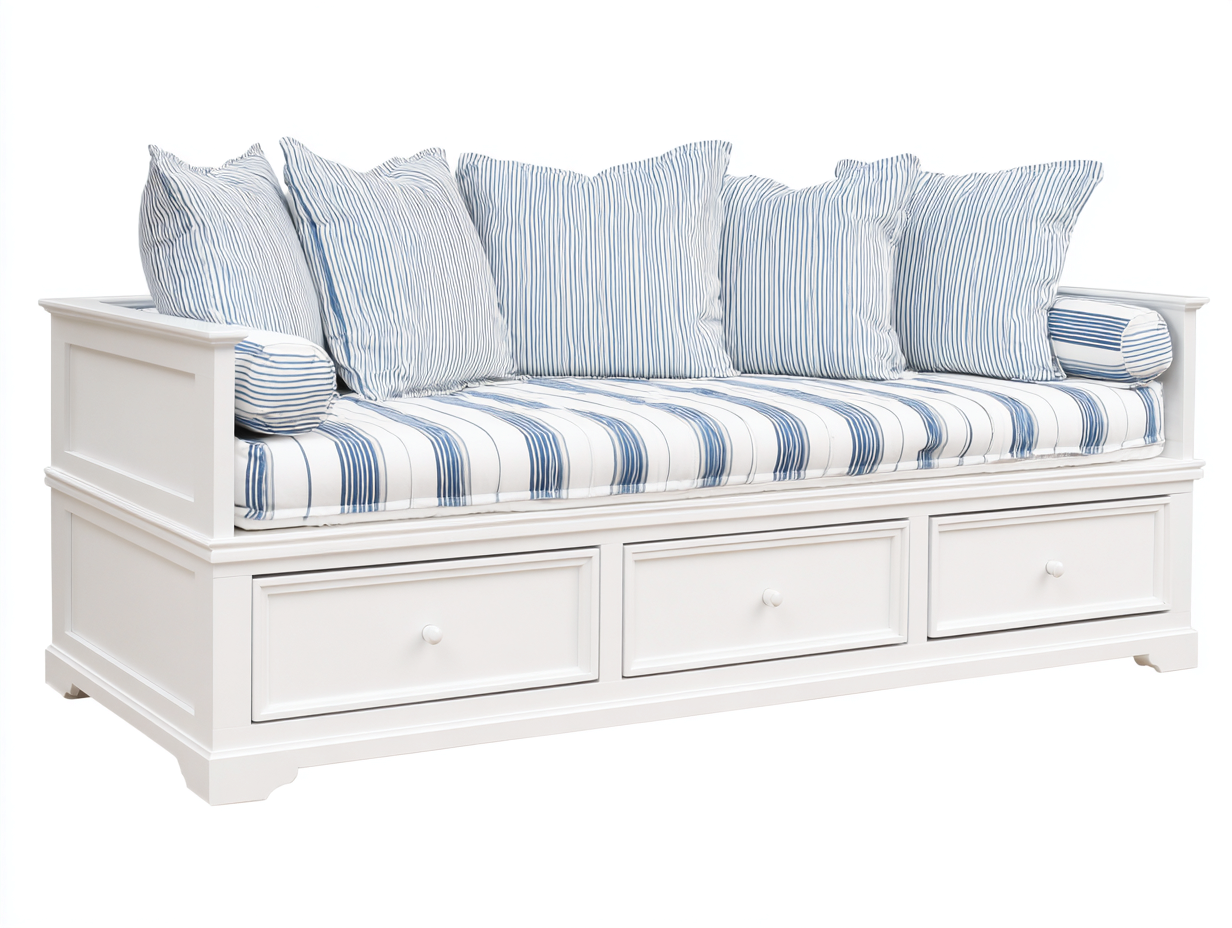 Sofa Bed Solid Wood 210x90x85 cm - White and Blue - Classic Living Room Design-Havengetden