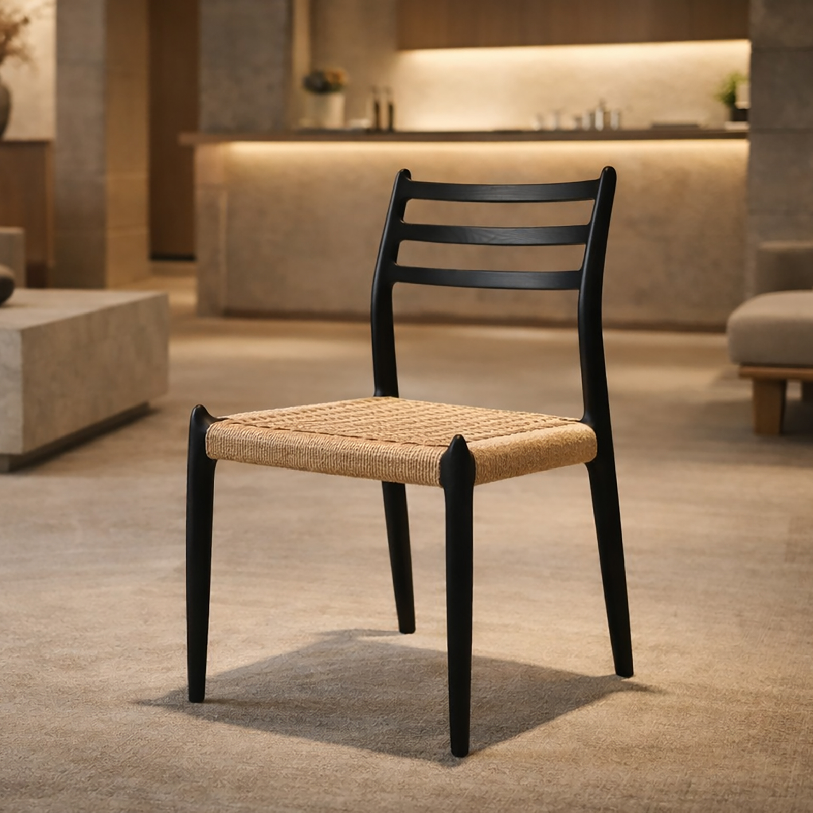 北欧ミッドセンチュリー ホワイトアッシュ 籐編みダイニングチェア ブラック