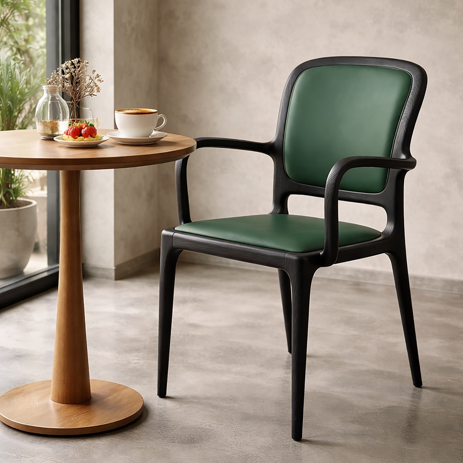 ブラックアッシュ無垢材 アームチェア｜マットブラック仕上げ・クッション座面・上質なデザインチェア