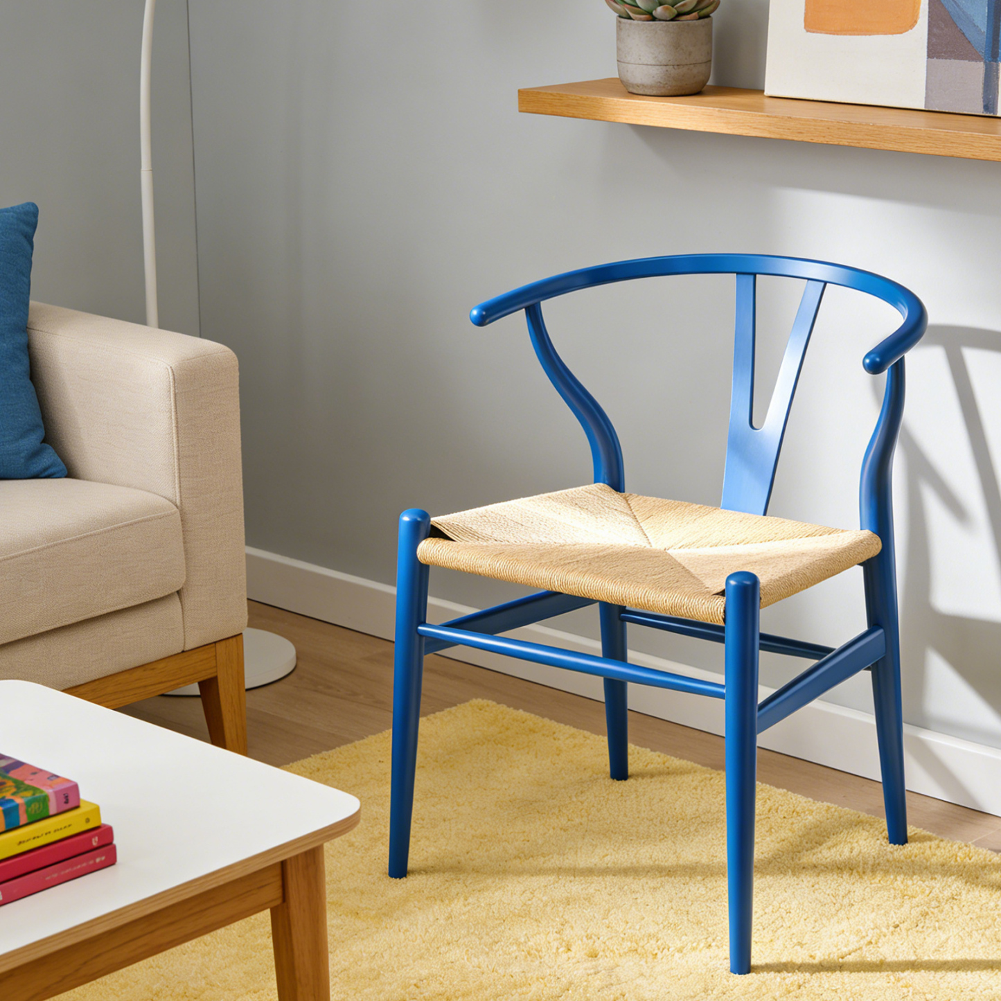 北米産ホワイトオーク無垢材アームチェア、ロイヤルブルー