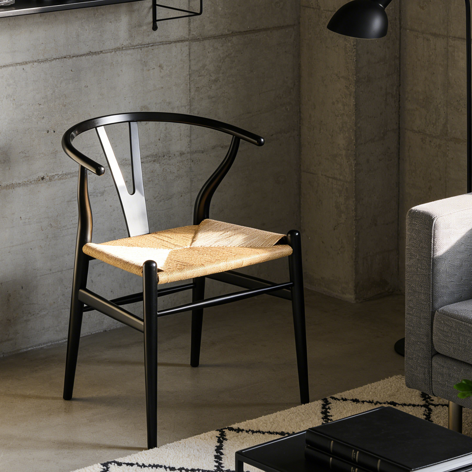 北米産ホワイトオーク無垢材アームチェア、ブラック