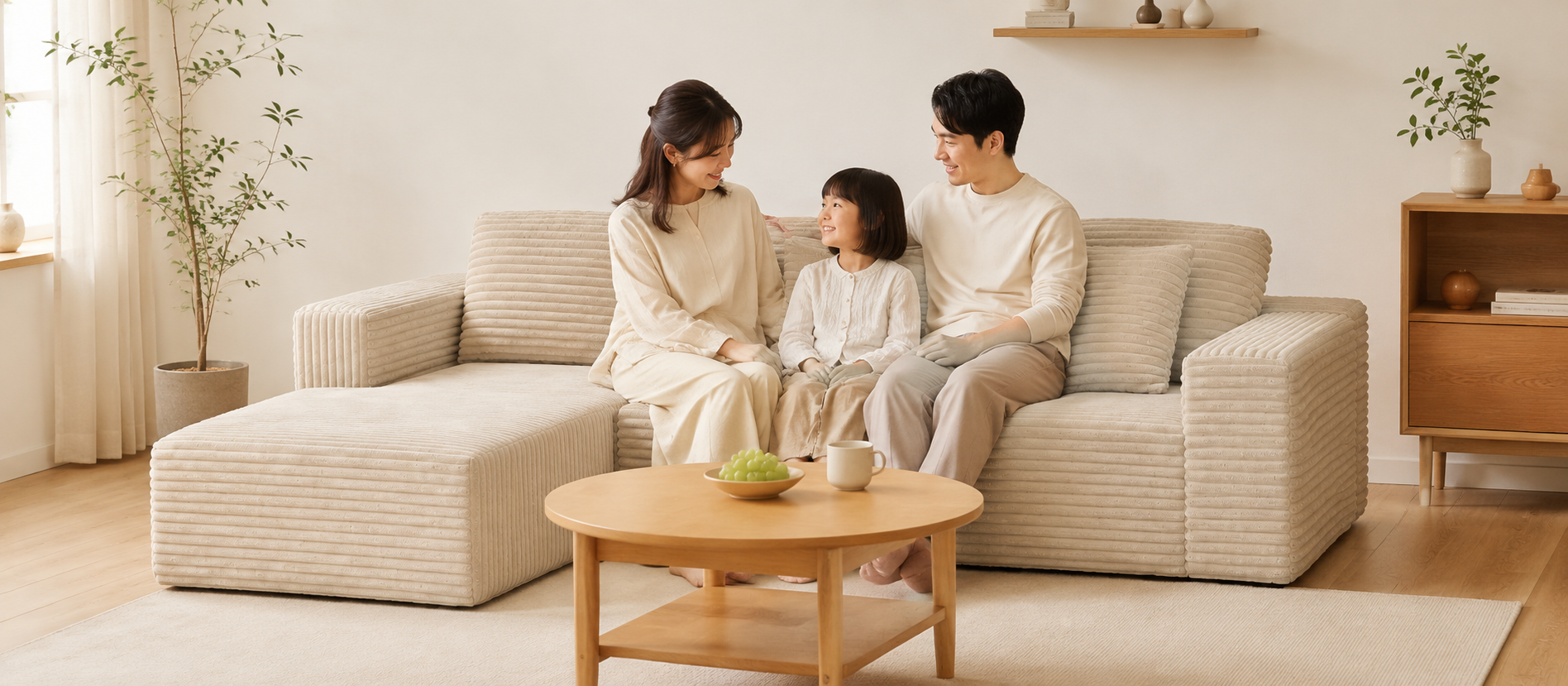 家族で並んで座れる3人掛けソファ