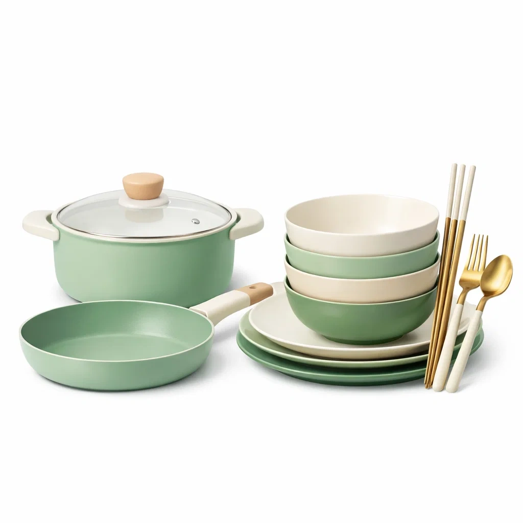 Green Non Stick Cookware and Tableware Set-vividvast