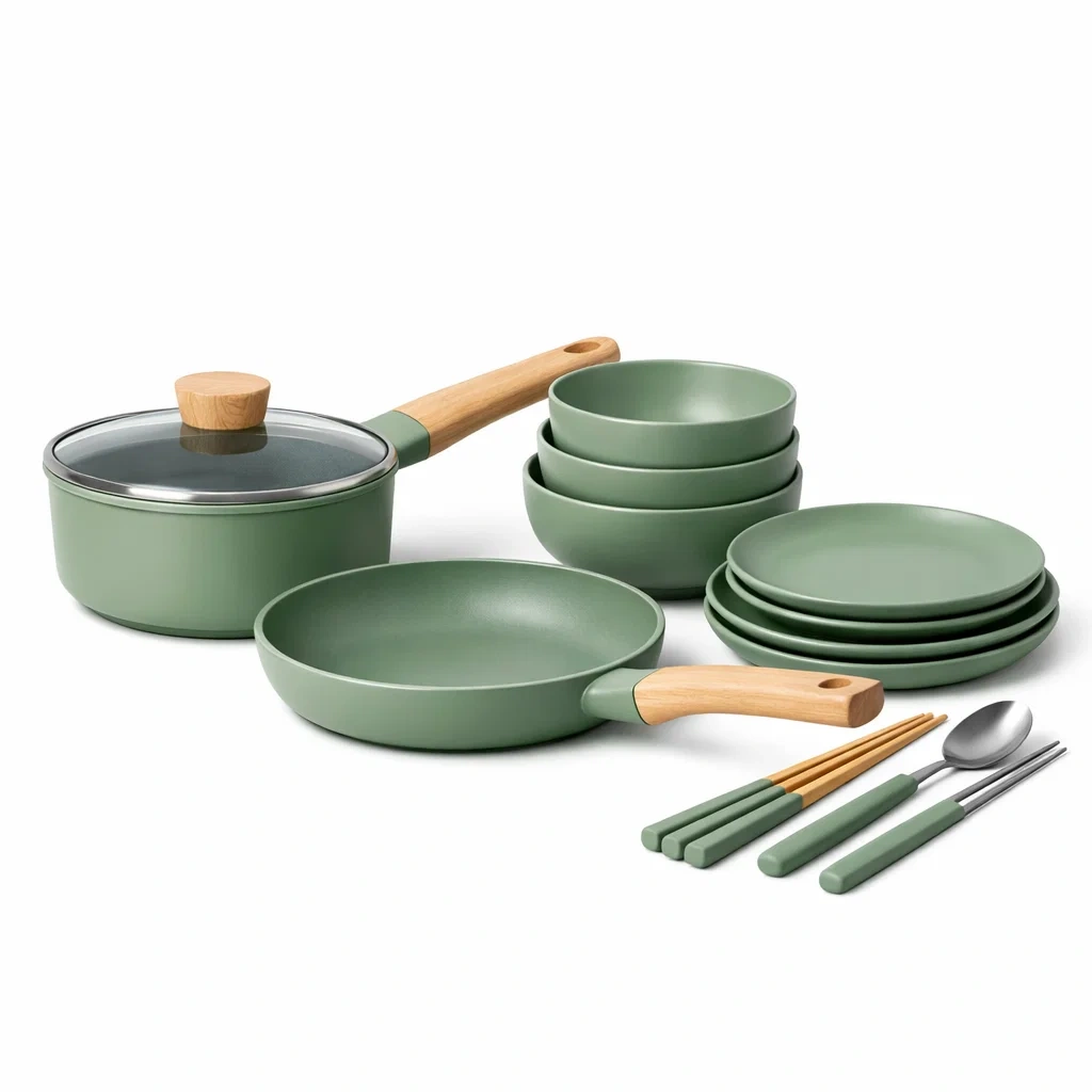 Matte Green Cookware Set with Plates and Bowls-vividvast