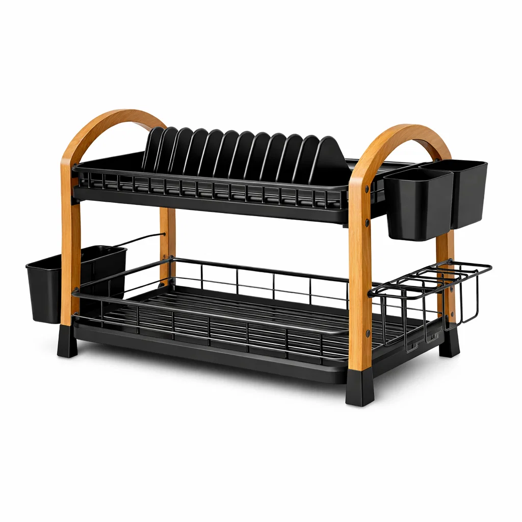 Bamboo Frame Dish Drying Rack with Utensil Holder-vividvast