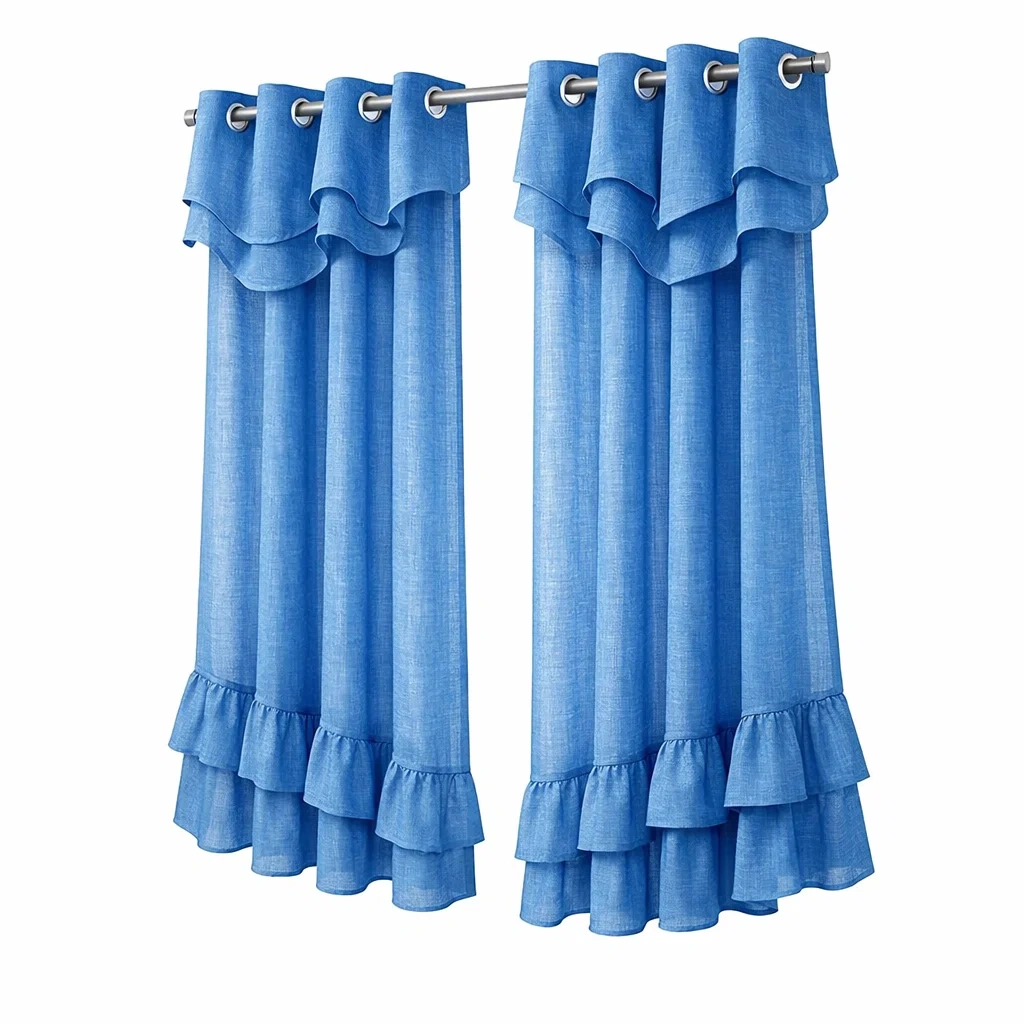 Ruffled Top Blue Window Curtain Set-hearthbrim