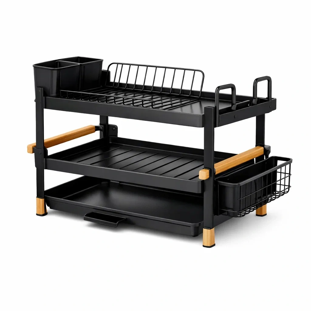 Three Tier Dish Drying Rack with Side Baskets-Black-habithull