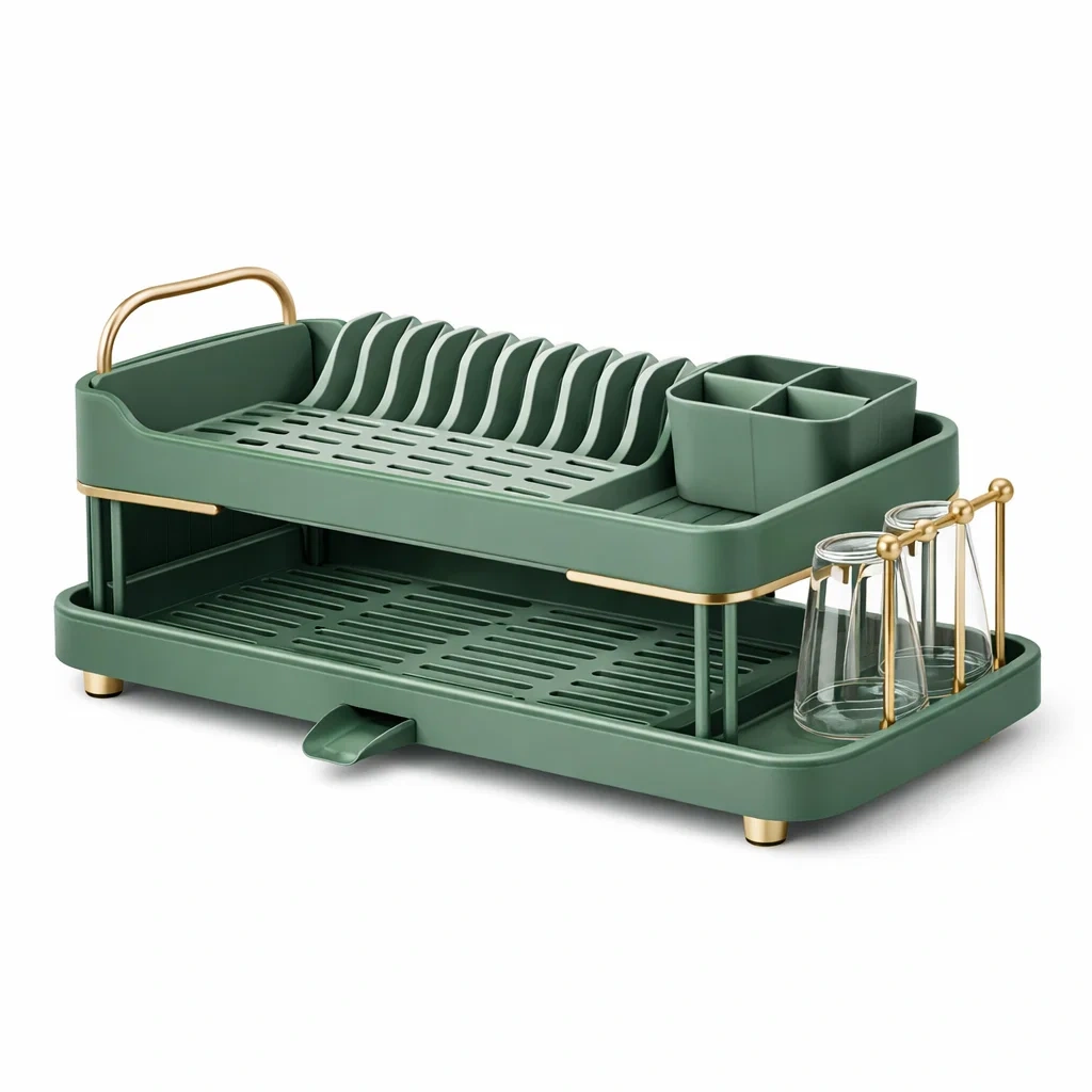 Double Layer Dish Drying Rack with Glass Holder-Green-habithull
