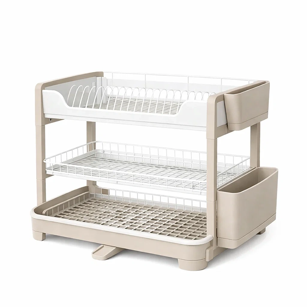 Three Tier Dish Drying Rack with Utensil Holder-Beige-habithull