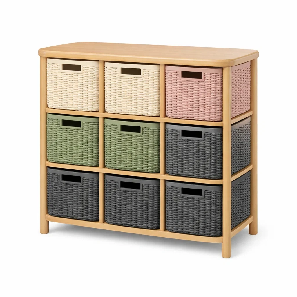 Wooden Storage Rack with Woven Baskets-habithull