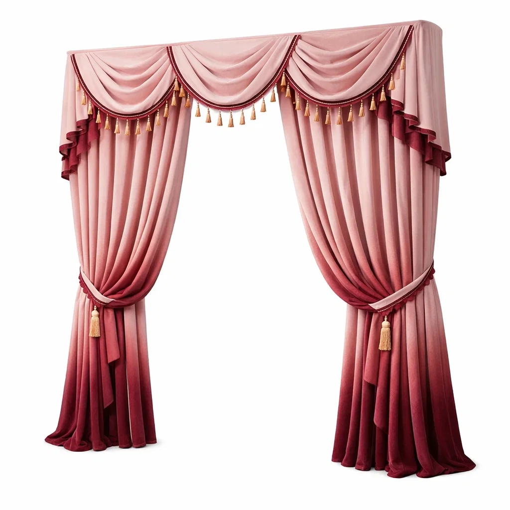 Gradient Pink Curtain Set with Tassel Trim-staystark