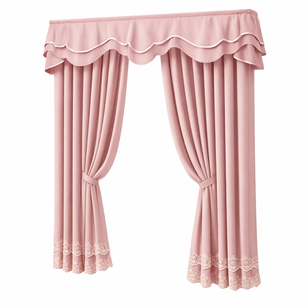 Light Pink Curtain Set with Lace Hem-staystark