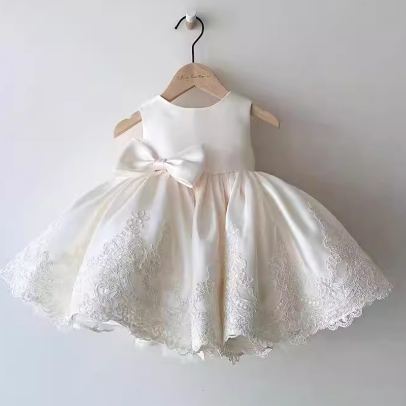 فساتين ميدي بدون أكمام مزينة بتطريز ساتان ودانتيل وفيونكة - أبيض - 13-14 سنة - image 1