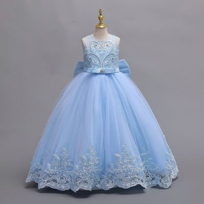 فساتين ماكسي بدون أكمام من الدانتيل الشبكي والفيونكة - أزرق - 12-13 سنة - image 12