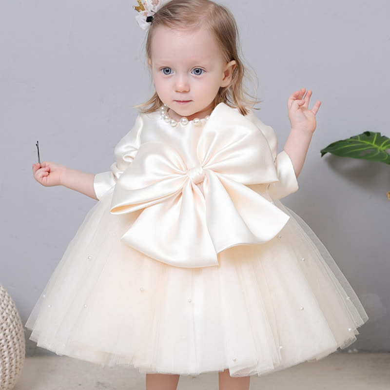 فساتين ميدي بأكمام طويلة مزينة بفيونكة من الساتان - البيج - 12-13 سنة - image 7