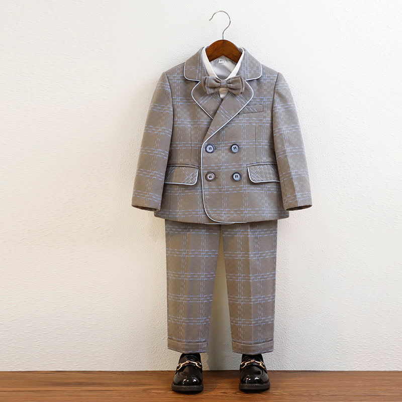 بدلة رسمية من 5 قطع، مصنوعة من مزيج من الألياف الكيميائية، مزودة بلوحة أزرار وجيوب، وخياطة، وأكمام طويلة، وقصة عادية. - رمادي وأزرق - 10-11 سنة - image 1