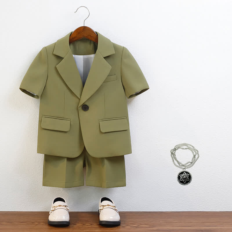 طقم من قطعتين: شورت بأكمام قصيرة، مصنوع من مزيج من الألياف الكيميائية، مزود بخياطة على الجيوب والأزرار. - أخضر - 10-11 سنة - image 7