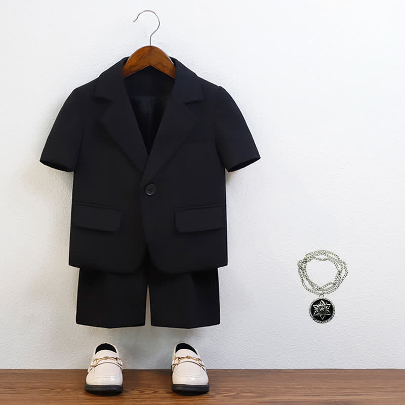 طقم من قطعتين: شورت بأكمام قصيرة، مصنوع من مزيج من الألياف الكيميائية، مزود بخياطة على الجيوب والأزرار. - أسود - 10-11 سنة - image 10