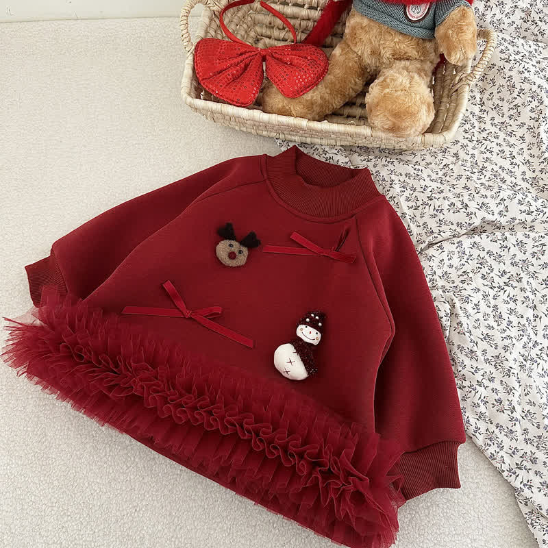 فستان متوسط ​​الطول بأكمام طويلة مزين بفيونكة على شكل رجل ثلج وغزال، مصنوع من القطن الخالص بنسبة 100%، بسعر 29.99 دولارًا فقط. - خمر - 5 سنوات - image 2