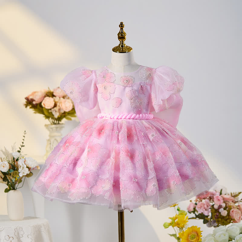 فستان متوسط ​​الطول بأكمام قصيرة مزين بفيونكة شبكية ولآلئ صناعية - لون القرنفل - 15-16 سنة - image 1