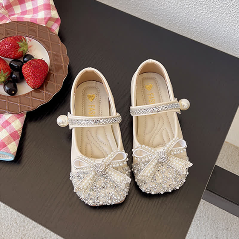 أحذية مسطحة ذات مقدمة مستديرة مرصعة بأحجار الراين الصلبة - البيج - US2 (EUR33) - image 1