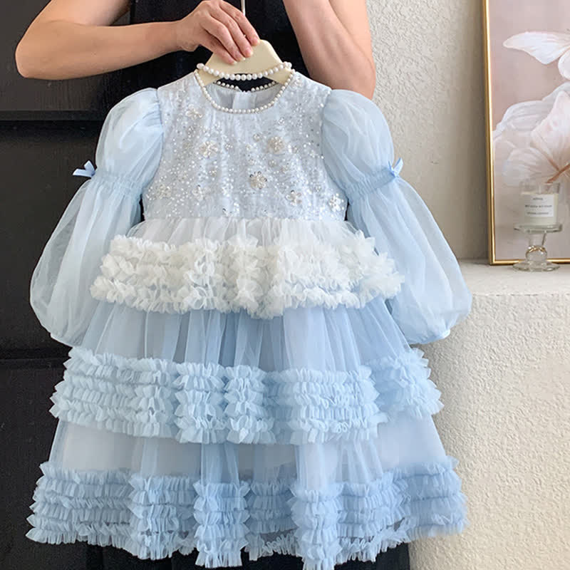 فساتين متوسطة الطول بأكمام طويلة مزينة بالترتر الشبكي - أزرق - 13-14 سنة - image 1