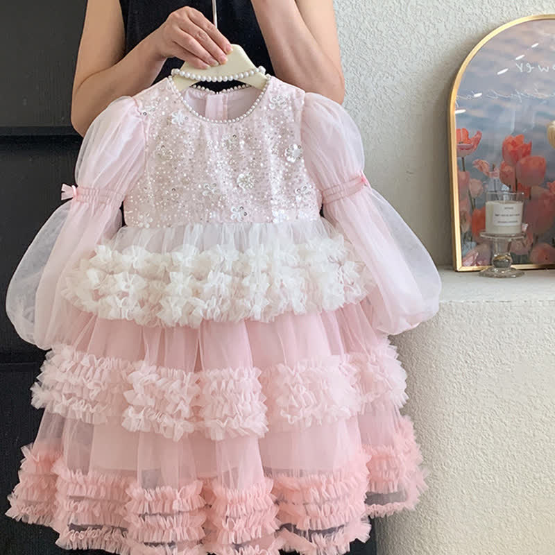 فساتين متوسطة الطول بأكمام طويلة مزينة بالترتر الشبكي - لون القرنفل - 13-14 سنة - image 10