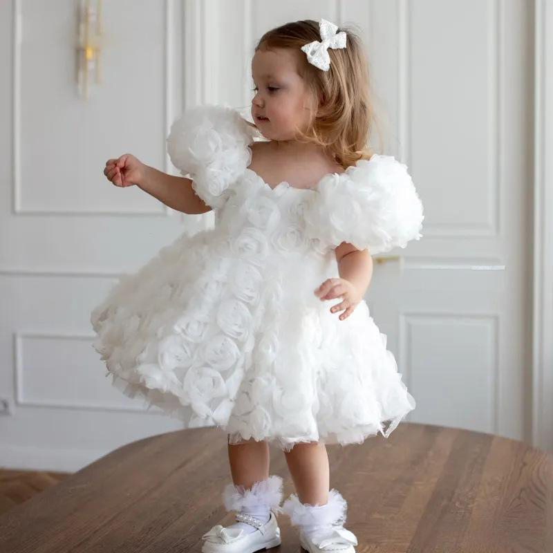 فساتين ميدي قصيرة الأكمام مزينة بوردة مصنوعة من مزيج الألياف الكيميائية - أبيض - 5 سنوات - image 1