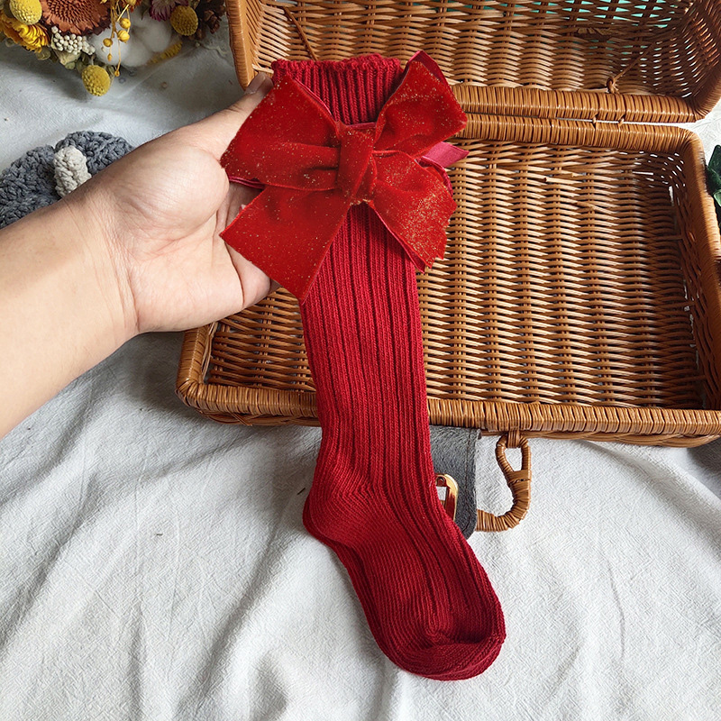 جوارب متينة مع فيونكة - أحمر - جوارب طويلة مزينة بفيونكة ذهبية لامعة - 13-15 سنة - image 1