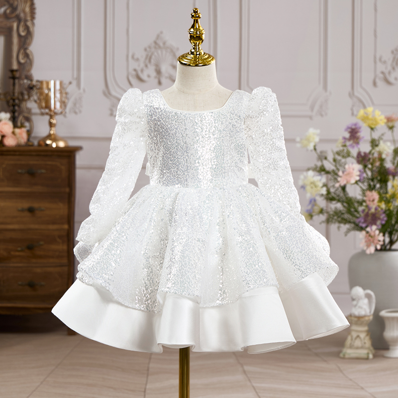 فساتين متوسطة الطول بأكمام طويلة مزينة بالترتر الساتان - أبيض - 15-16 سنة - image 2