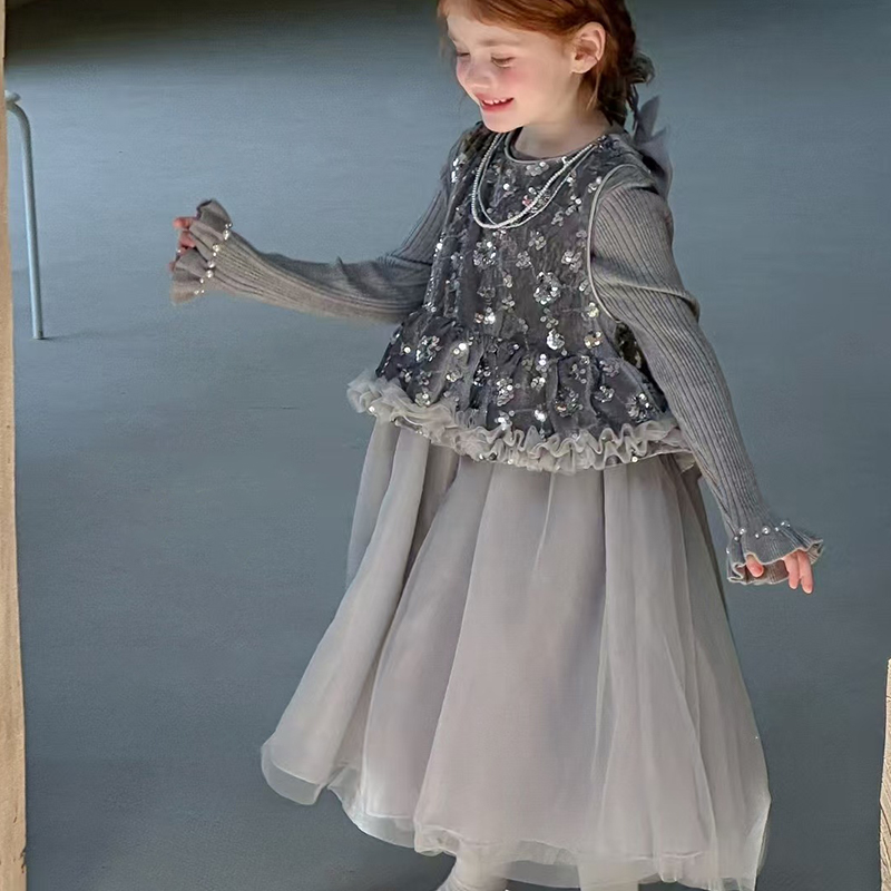 طقم ماكسي من قطعتين بدون أكمام مزين بلوحة مخملية - قمصان رمادية - 11-12 سنة - image 1