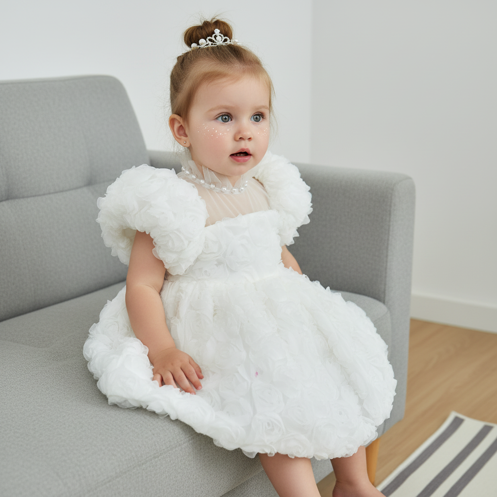 فساتين ميدي بدون أكمام مزينة بوردة مصنوعة من مزيج الألياف الكيميائية - أبيض - 5 سنوات - image 1