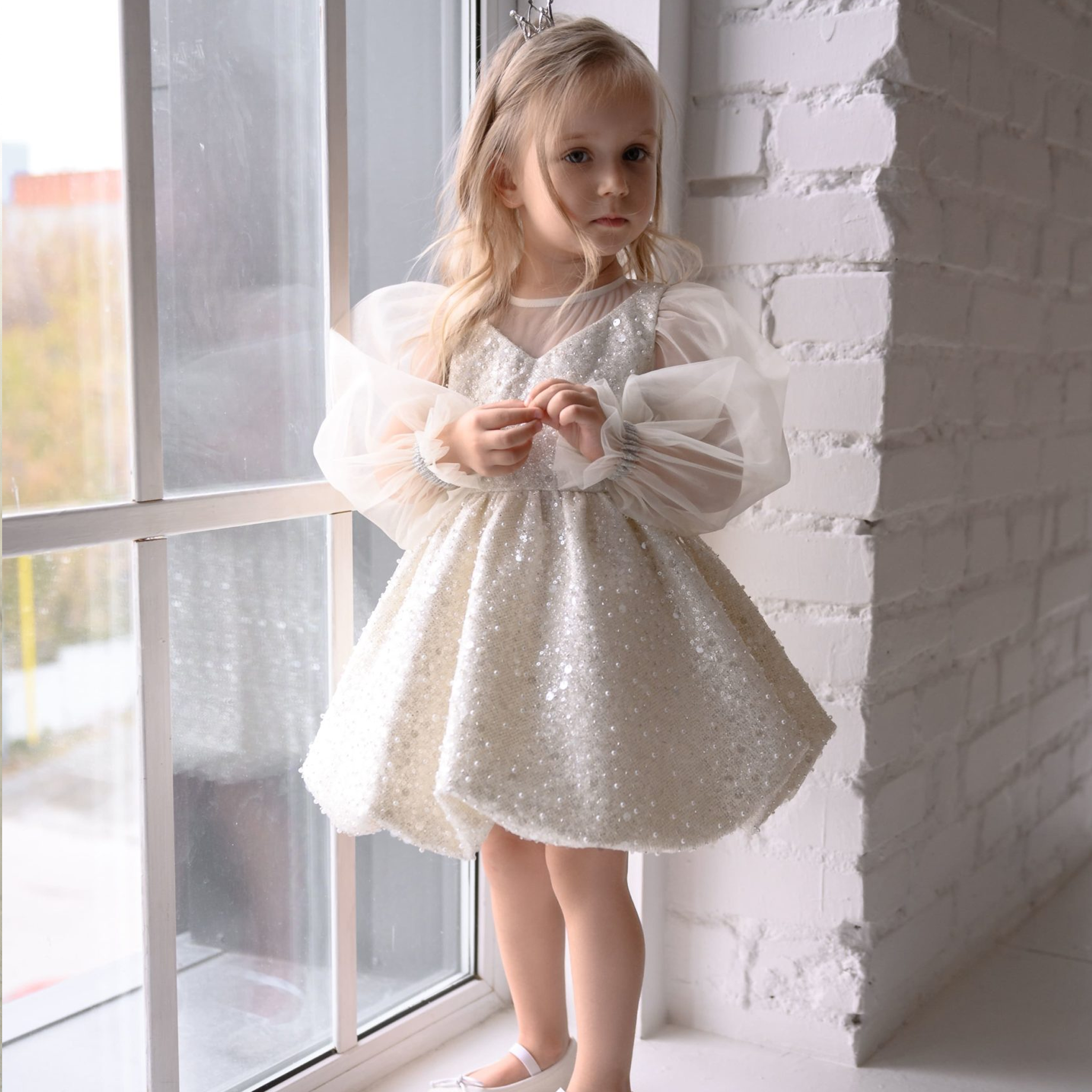 فساتين ميدي بأكمام طويلة مزينة بفيونكة لامعة - أبيض - 9-10 سنوات - image 1