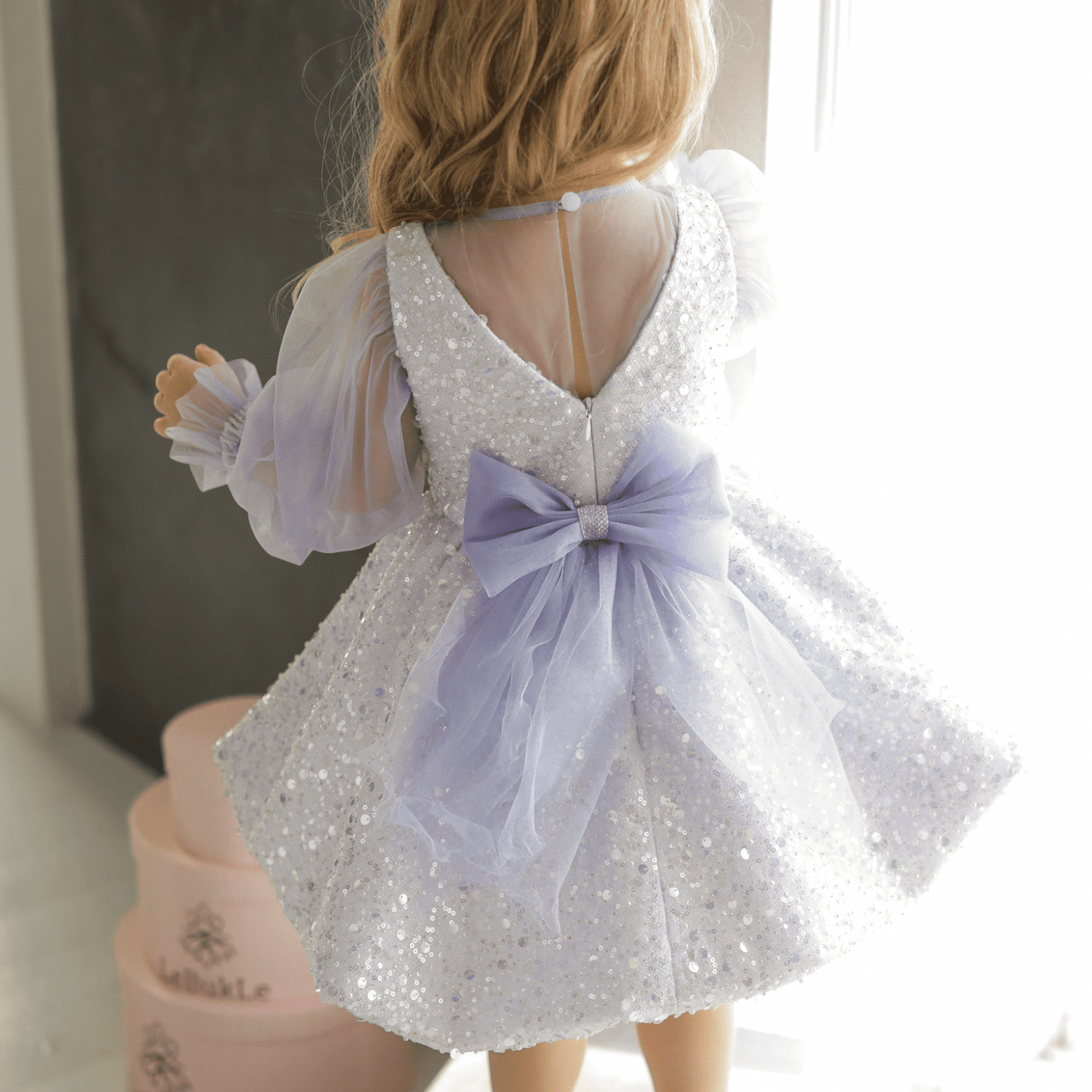 فساتين ميدي بأكمام طويلة مزينة بفيونكة لامعة - بنفسجي فاتح - 9-10 سنوات - image 5