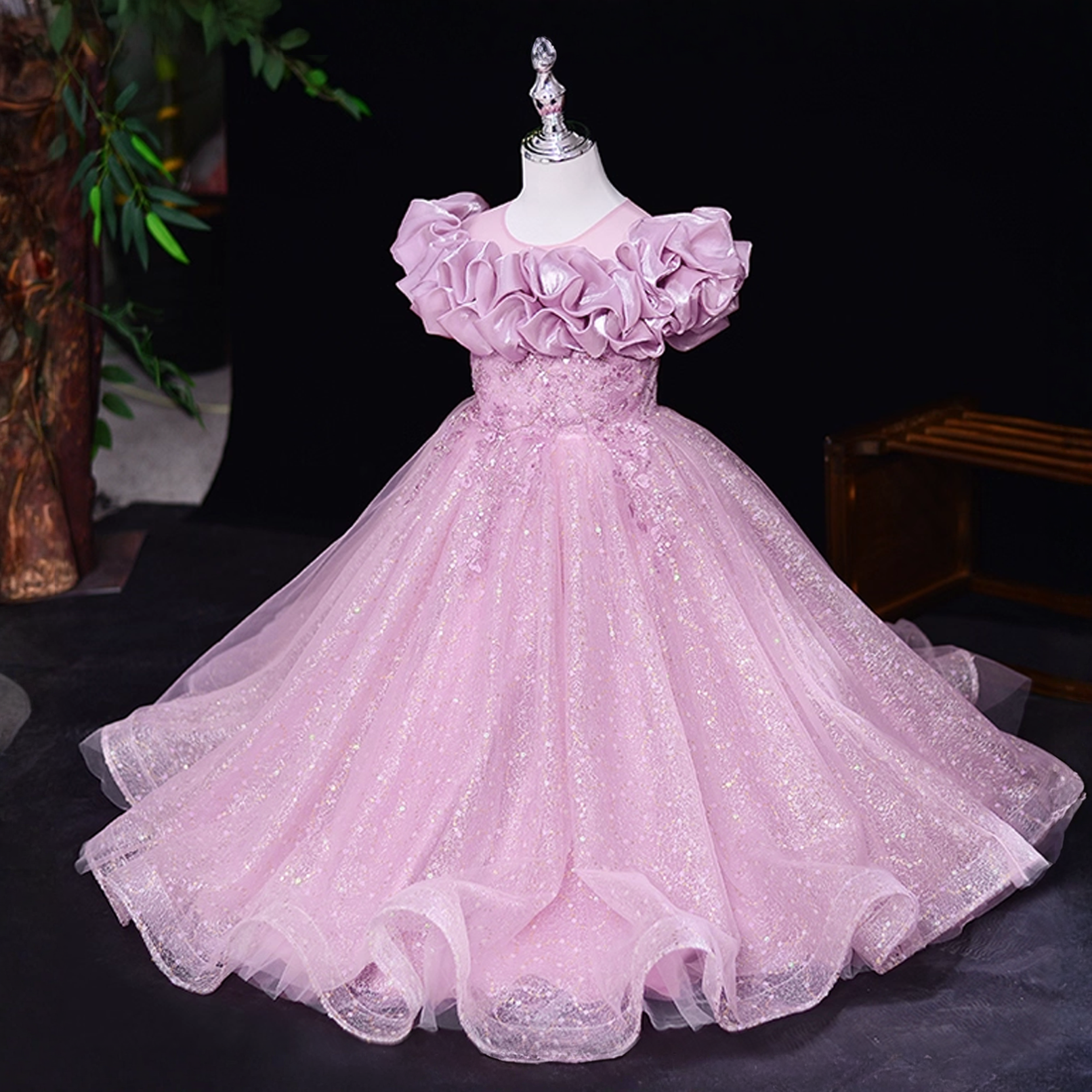 فساتين ماكسي بدون أكمام منفوشة من قماش شبكي - وردي داكن - 12-13 سنة - image 6