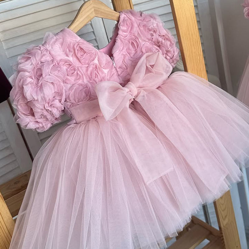 فساتين ميدي قصيرة الأكمام مزينة بوردة شبكية - لون القرنفل - 15-16 سنة - image 1