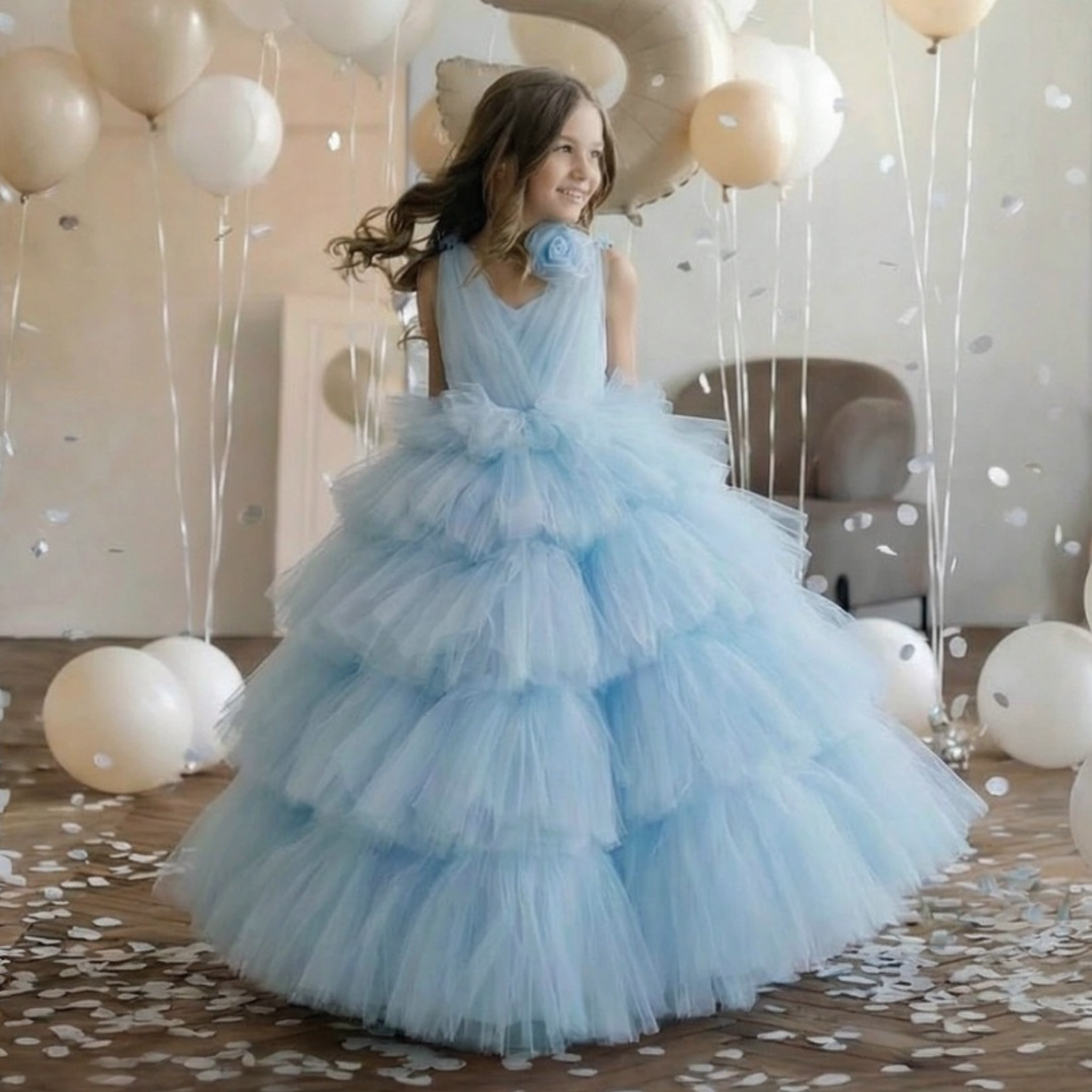 فساتين ماكسي بدون أكمام بطبقات من قماش شبكي - أزرق - 6 سنوات - image 2