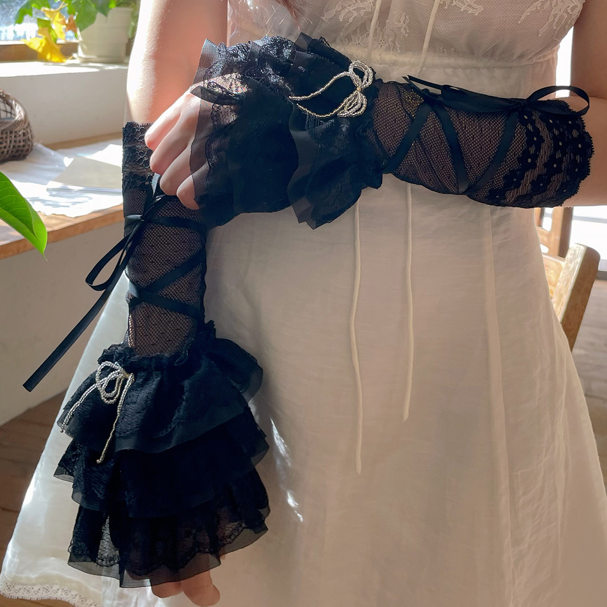 قفازات دانتيل بخياطة متينة - أسود - image 14