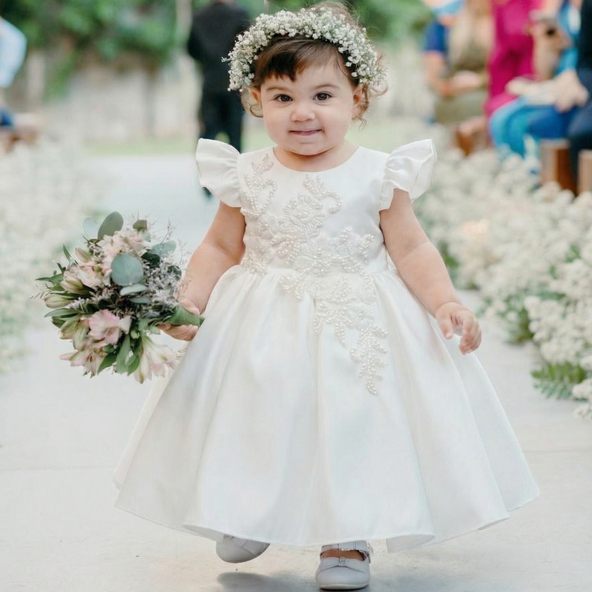 فساتين ميدي قصيرة الأكمام مزينة بالساتان - أبيض - 7-9 سنوات - image 3